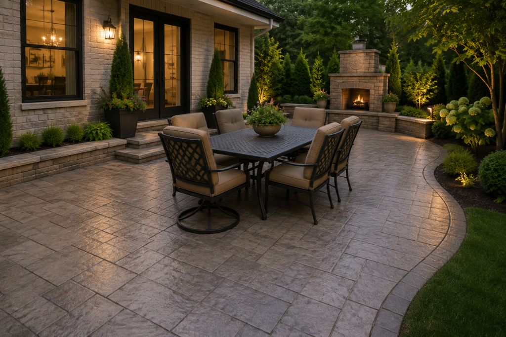 Custom stamped concrete patio with outdoor fireplace and seating area