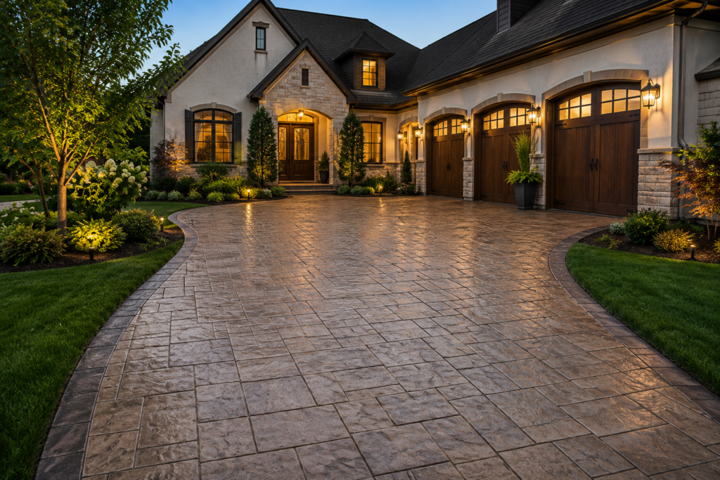 residential home with beautiful driveway concrete services work using a stamped concrete pattern