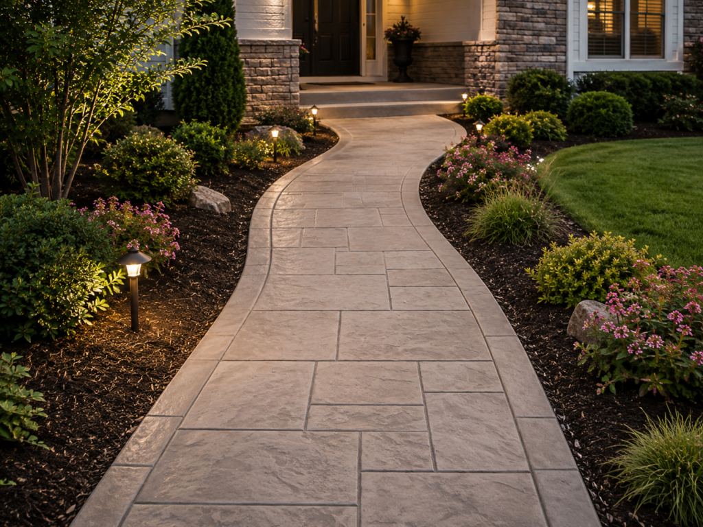 Decorative concrete walkway leading to a residential home in Texas