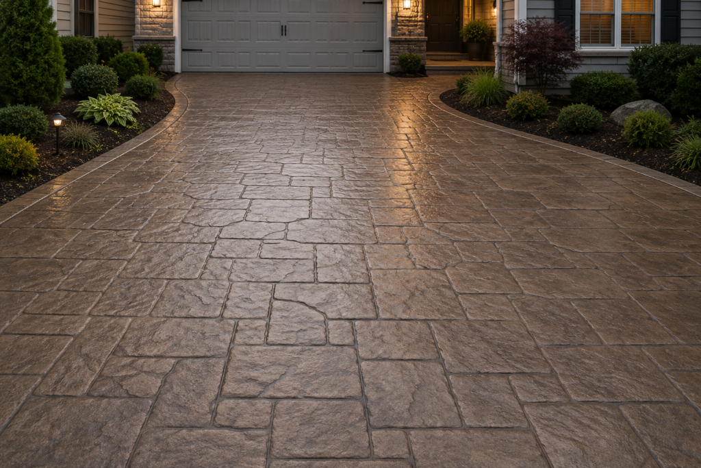 Stamped concrete driveway with decorative stone pattern installed at a Texas home